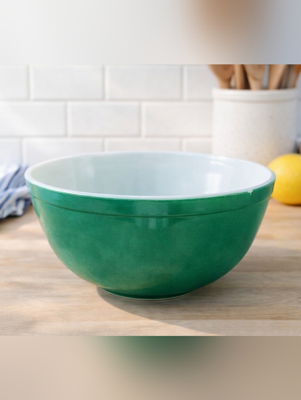 Vintage Pyrex Green Mixing Bowl White Interior Milk Glass Retro